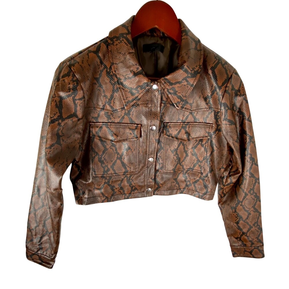 Hours Crop Leather Jacket Womens 2XS Brown Snake Print Long Sleeve Button Front